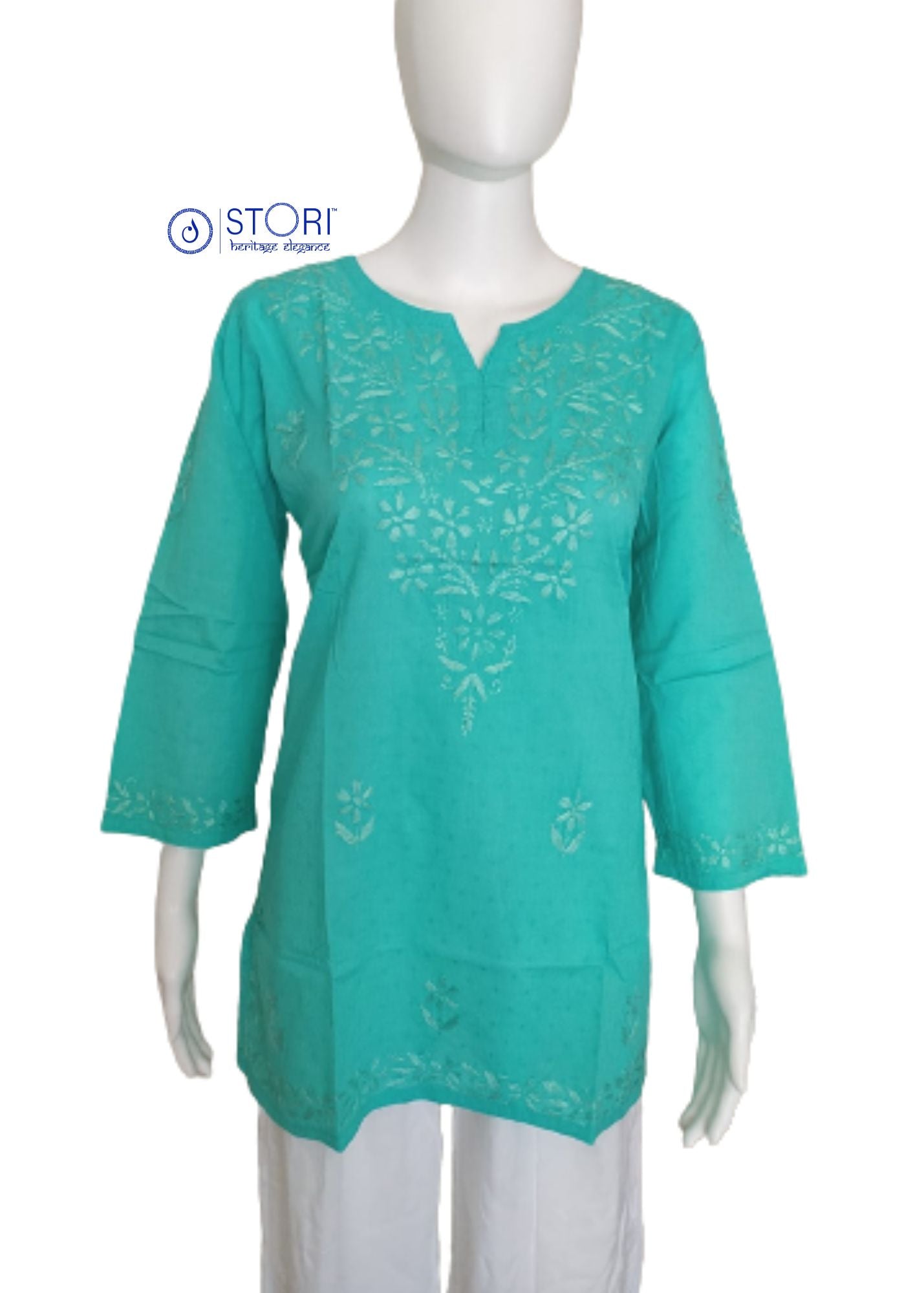 Seagreen Dobby Cotton Short Chikankari Kurti