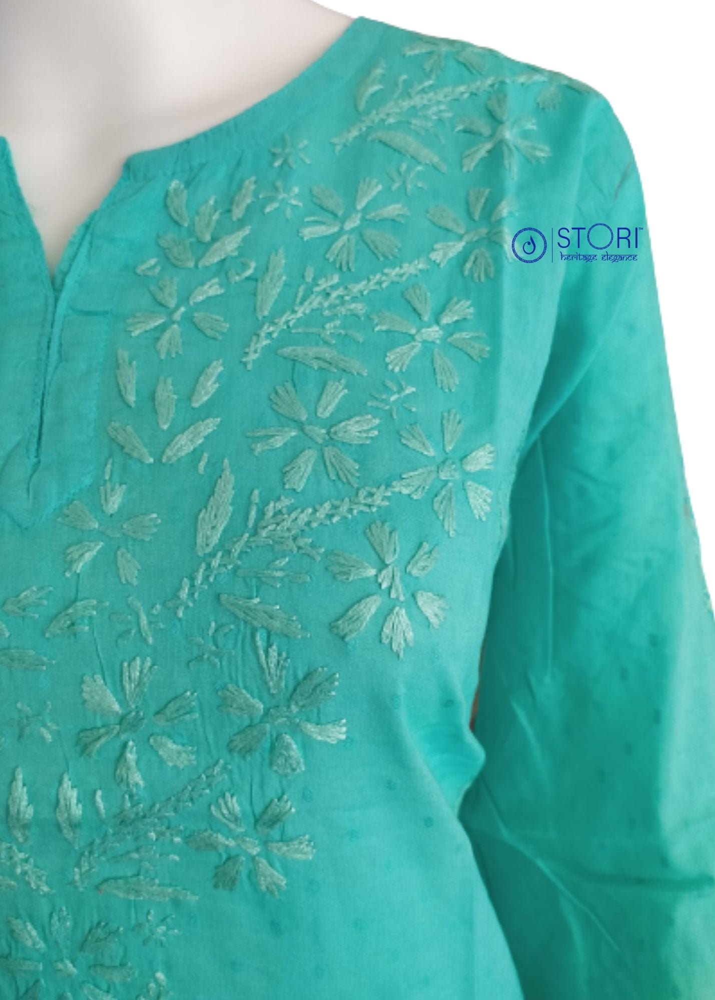 Seagreen Dobby Cotton Short Chikankari Kurti