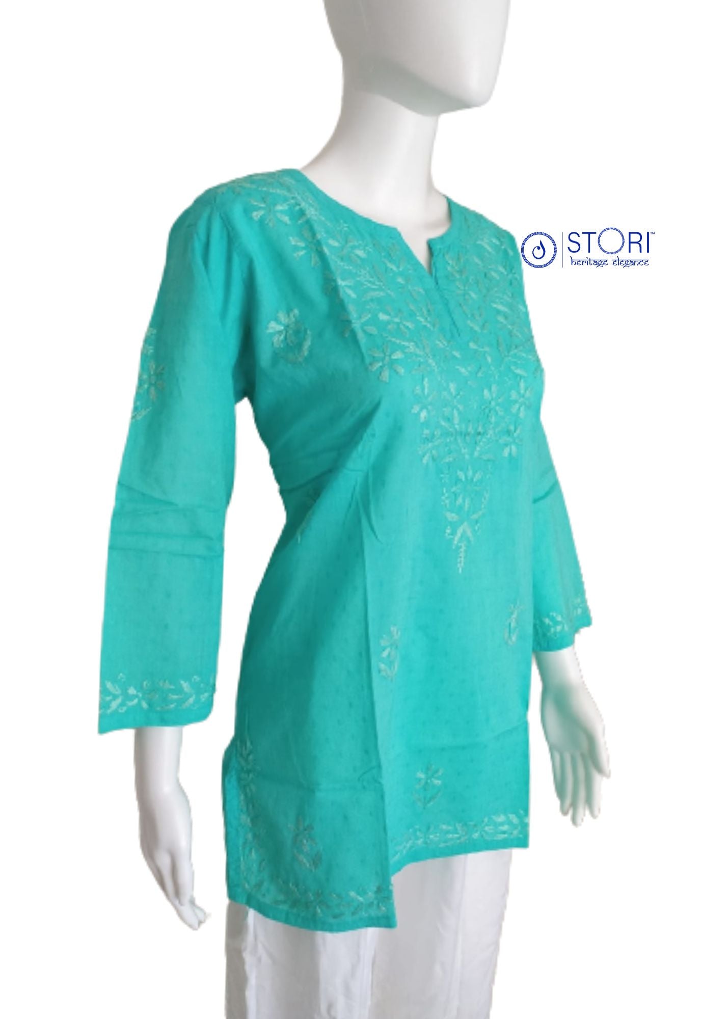 Seagreen Dobby Cotton Short Chikankari Kurti