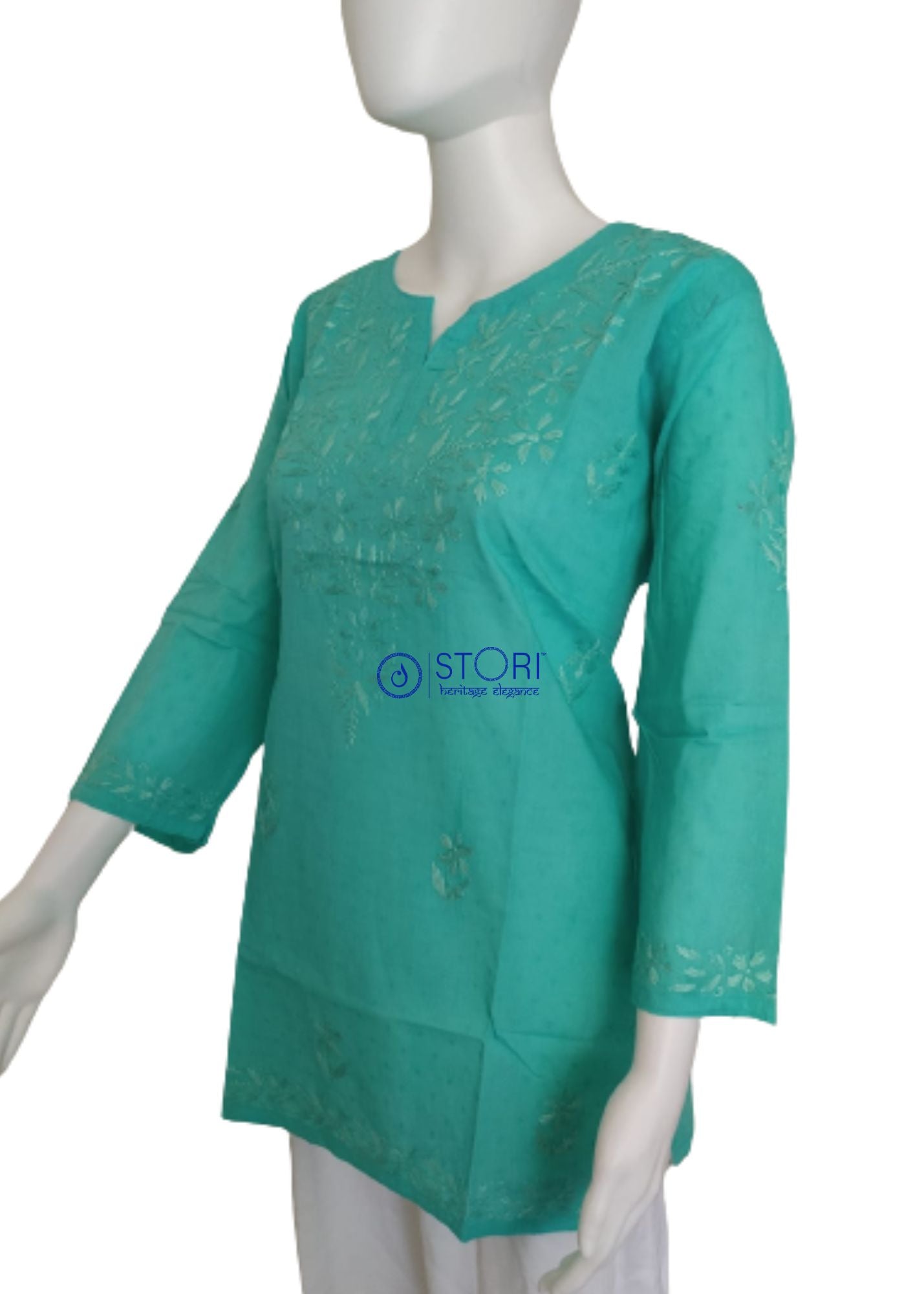 Seagreen Dobby Cotton Short Chikankari Kurti