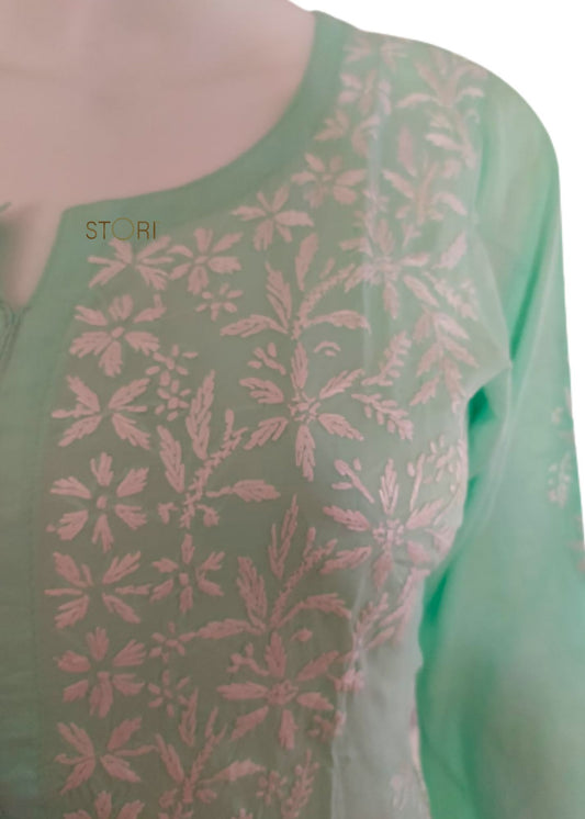 Zaarah Seagreen Handcrafted Soft Modal Cotton Chikankari Kurti