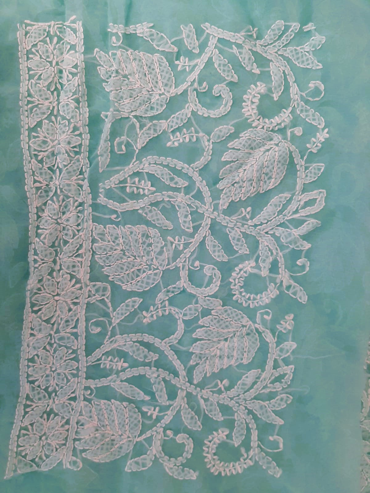 Seagreen Noor Full Jaal Hand Embroidered Lucknowi Chikankari Saree