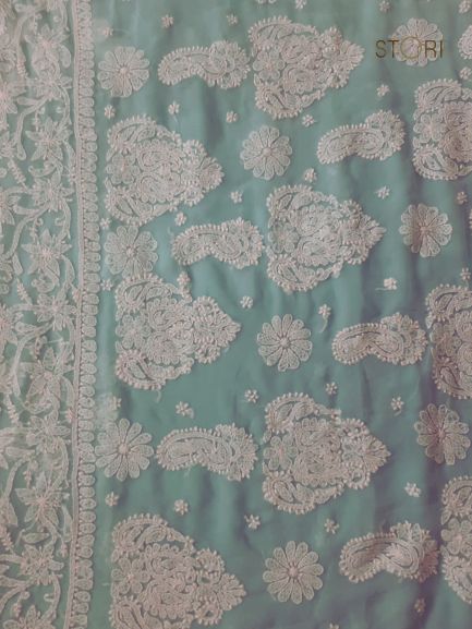 Seagreen Sanah Handcrafted Lucknowi Chikankari Saree