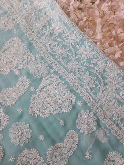 Seagreen Sanah Handcrafted Lucknowi Chikankari Saree