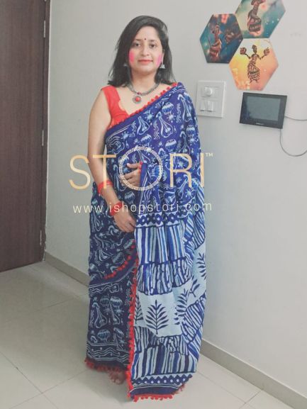 Indigo Blue Sitaar Printed Handloom Cotton Mulmul Saree