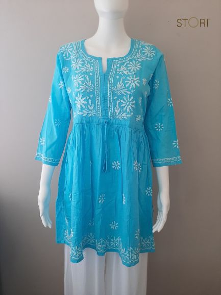 Sky Blue Slub Cotton Handcrafted Chikankari Short Kurti