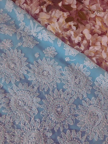 Sky Blue Surya Hand Embroidered Lucknowi Chikankari Saree