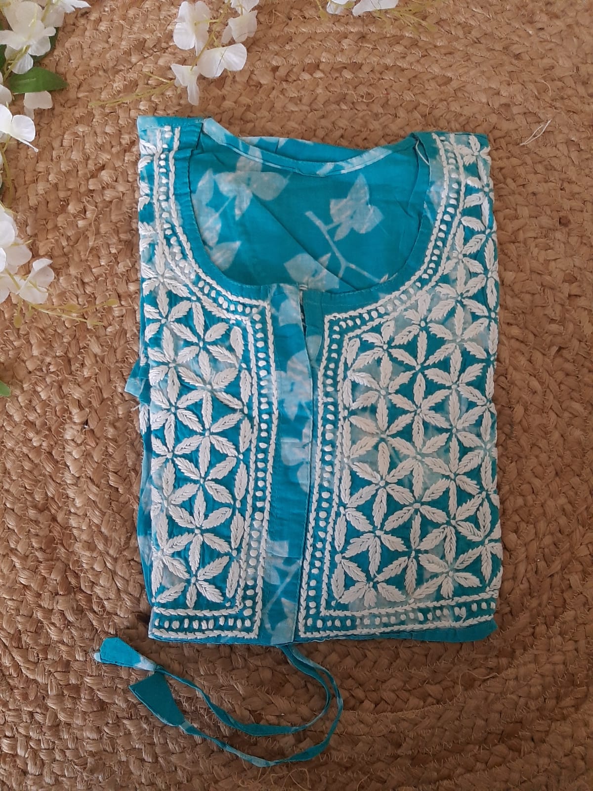 Petals Printed Sky Blue Cotton Mulmul Chikankari Short Kurti With Dori