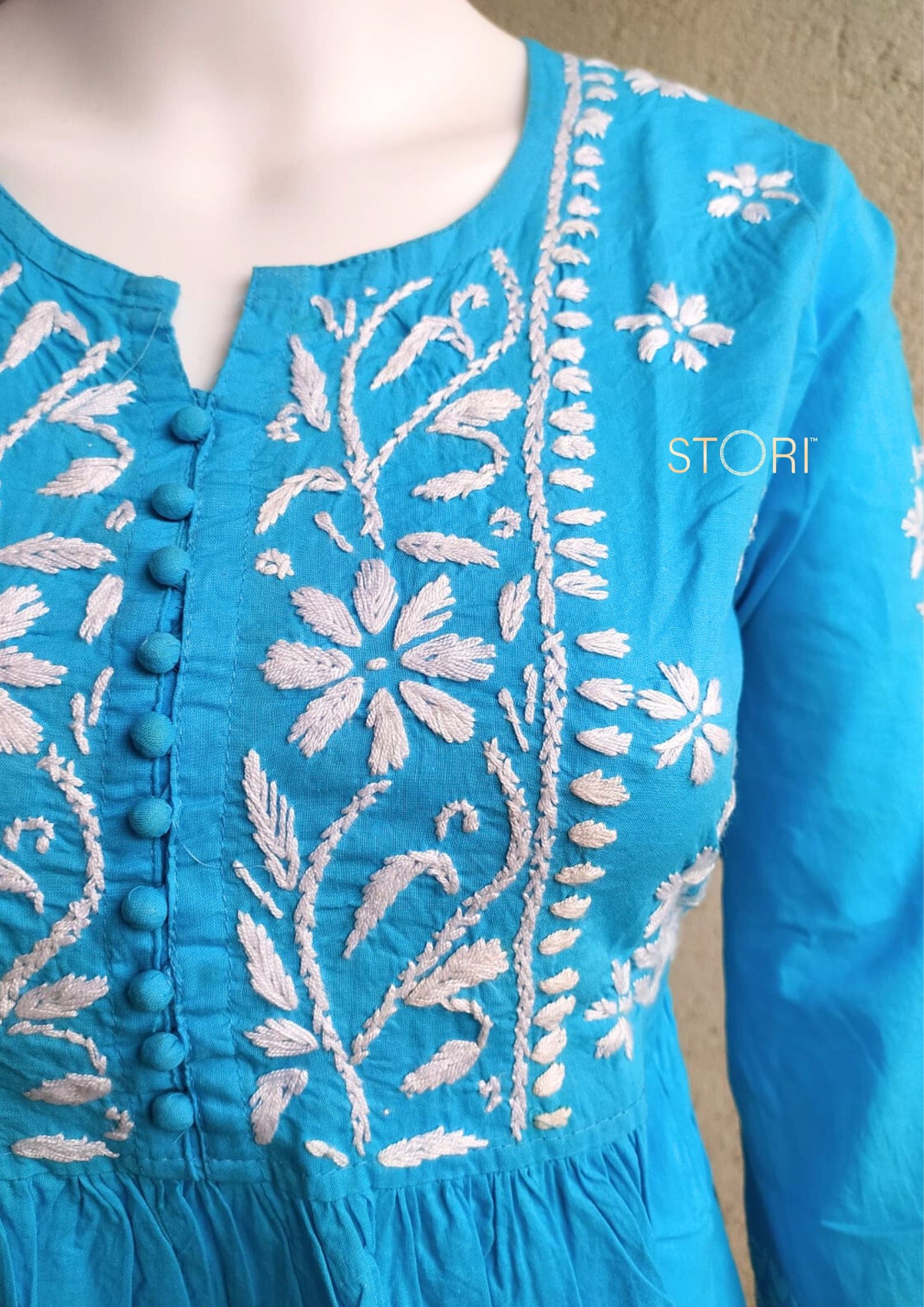 Sky Blue Flared Cotton Short Chikankari Kurti