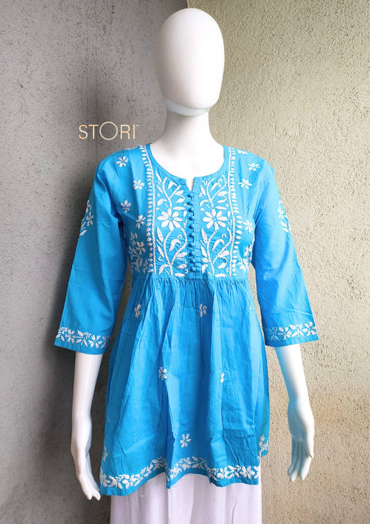 Sky Blue Flared Cotton Short Chikankari Kurti