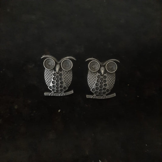 Antique Gray Owl Oxidized German Silver Statement Earrings