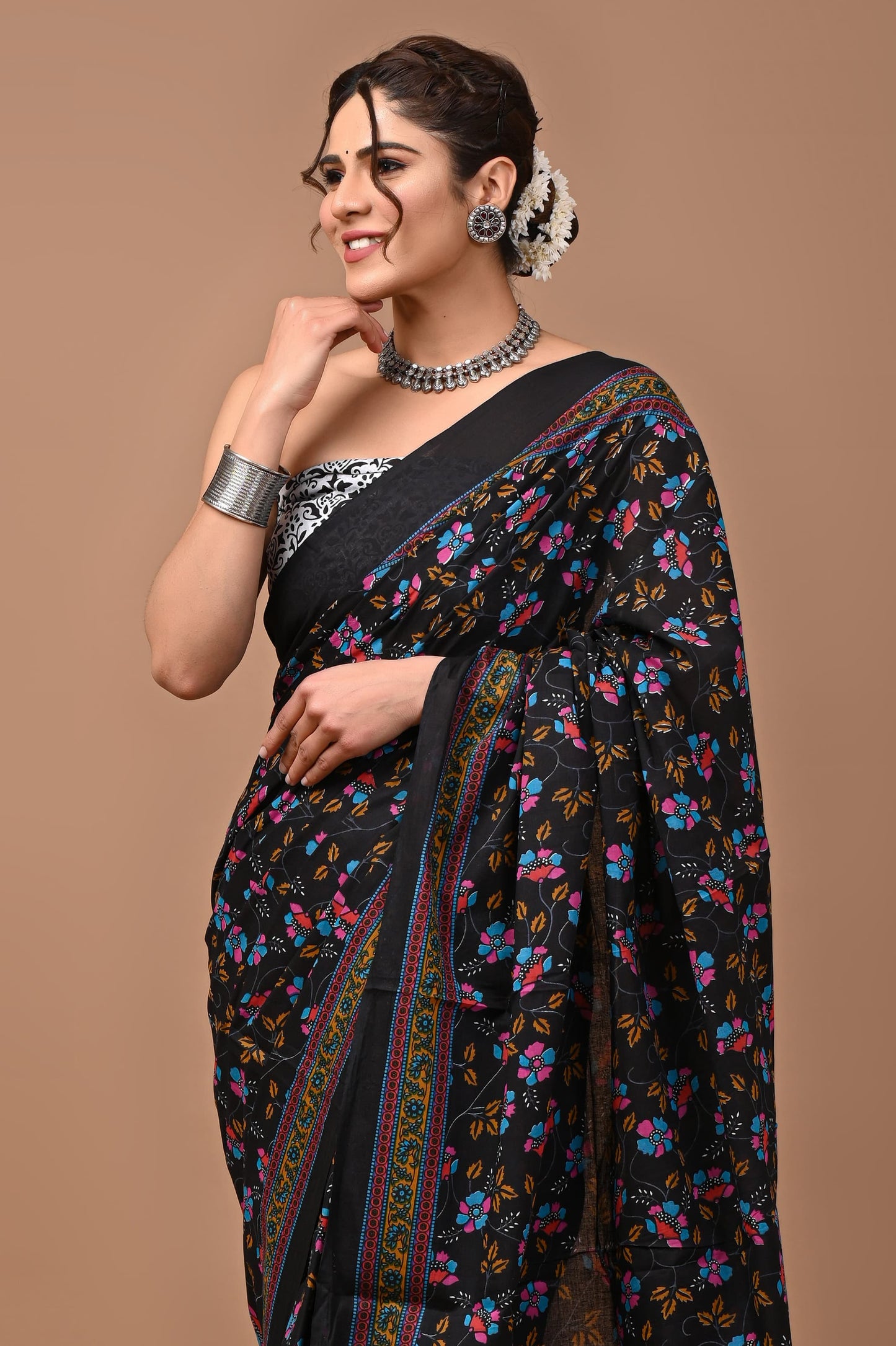 Sprinkled Black Block Printed Handloom Cotton Mulmul Saree