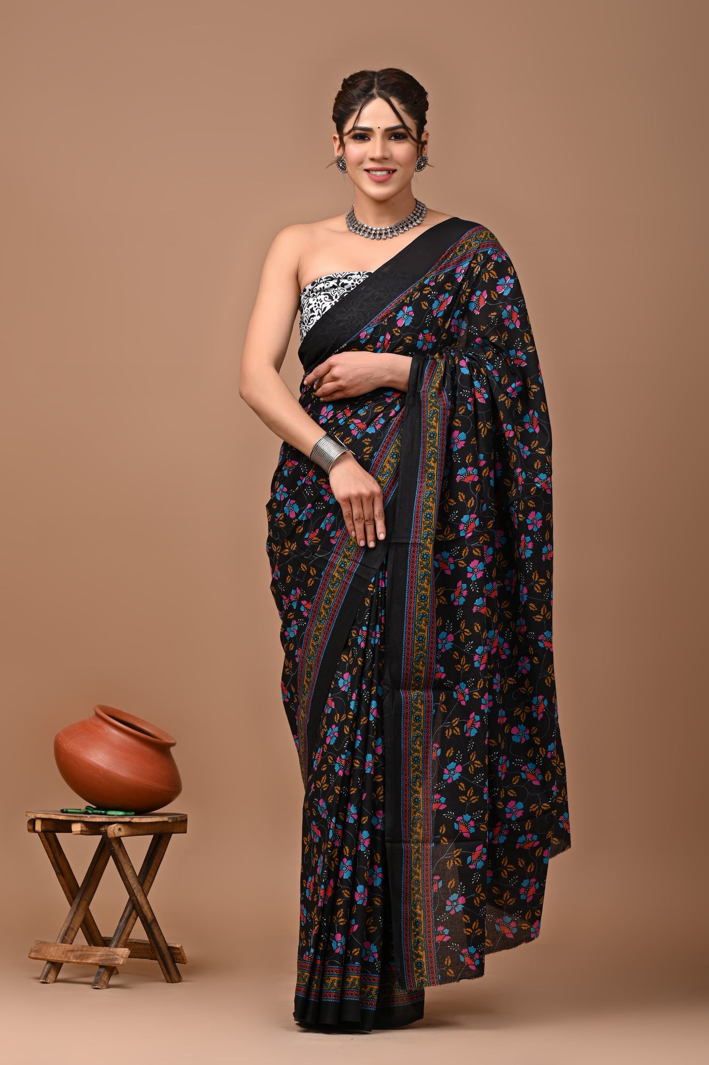 Sprinkled Black Block Printed Handloom Cotton Mulmul Saree