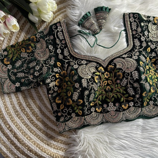 Green Embroidered Velvet Bridal Blouse Online Near You