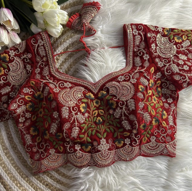 Red Embroidered Velvet Bridal Blouse Online Near You