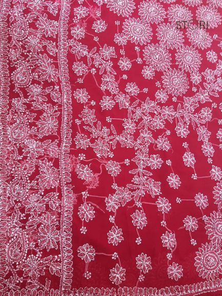 Maroon Surya Hand Embroidered Lucknowi Chikankari Saree