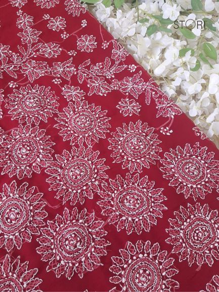 Maroon Surya Hand Embroidered Lucknowi Chikankari Saree