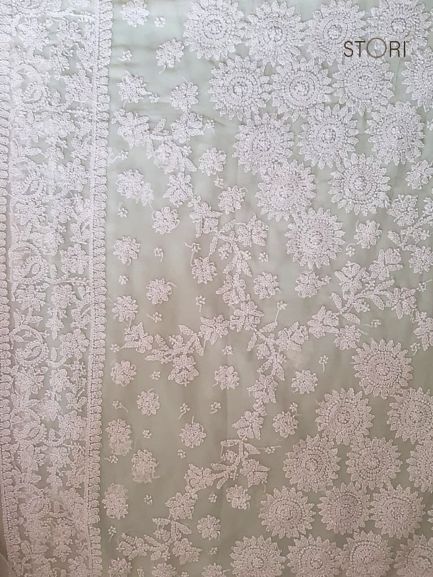 Mint Green Surya Hand Embroidered Lucknowi Chikankari Saree