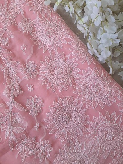 Peach Surya Hand Embroidered Lucknowi Chikankari Saree