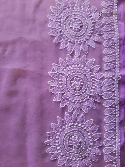 Purple Surya Hand Embroidered Lucknowi Chikankari Saree