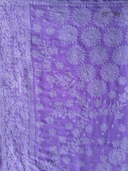 Purple Surya Hand Embroidered Lucknowi Chikankari Saree