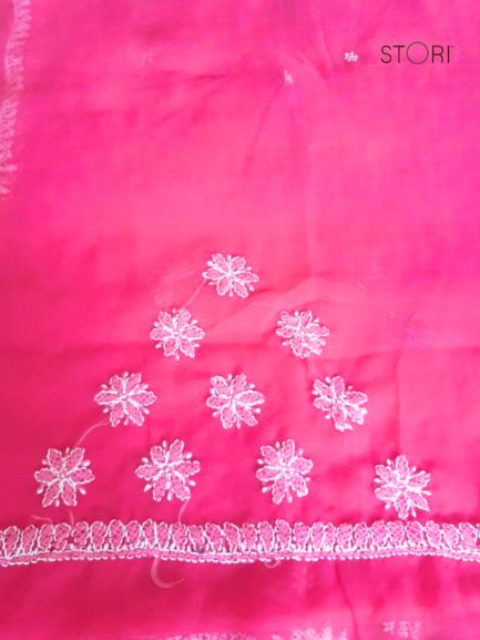 Rose Pink Surya Hand Embroidered Lucknowi Chikankari Saree