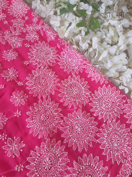 Rose Pink Surya Hand Embroidered Lucknowi Chikankari Saree