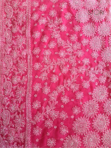 Rose Pink Surya Hand Embroidered Lucknowi Chikankari Saree