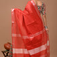 Carmine Red Linen Saree With Extra Ajrakh Printed Blouse