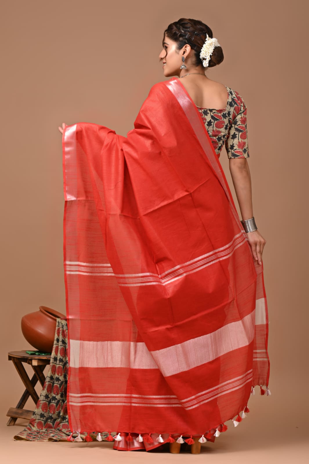 Carmine Red Linen Saree With Extra Ajrakh Printed Blouse