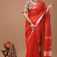 Carmine Red Linen Saree With Extra Ajrakh Printed Blouse