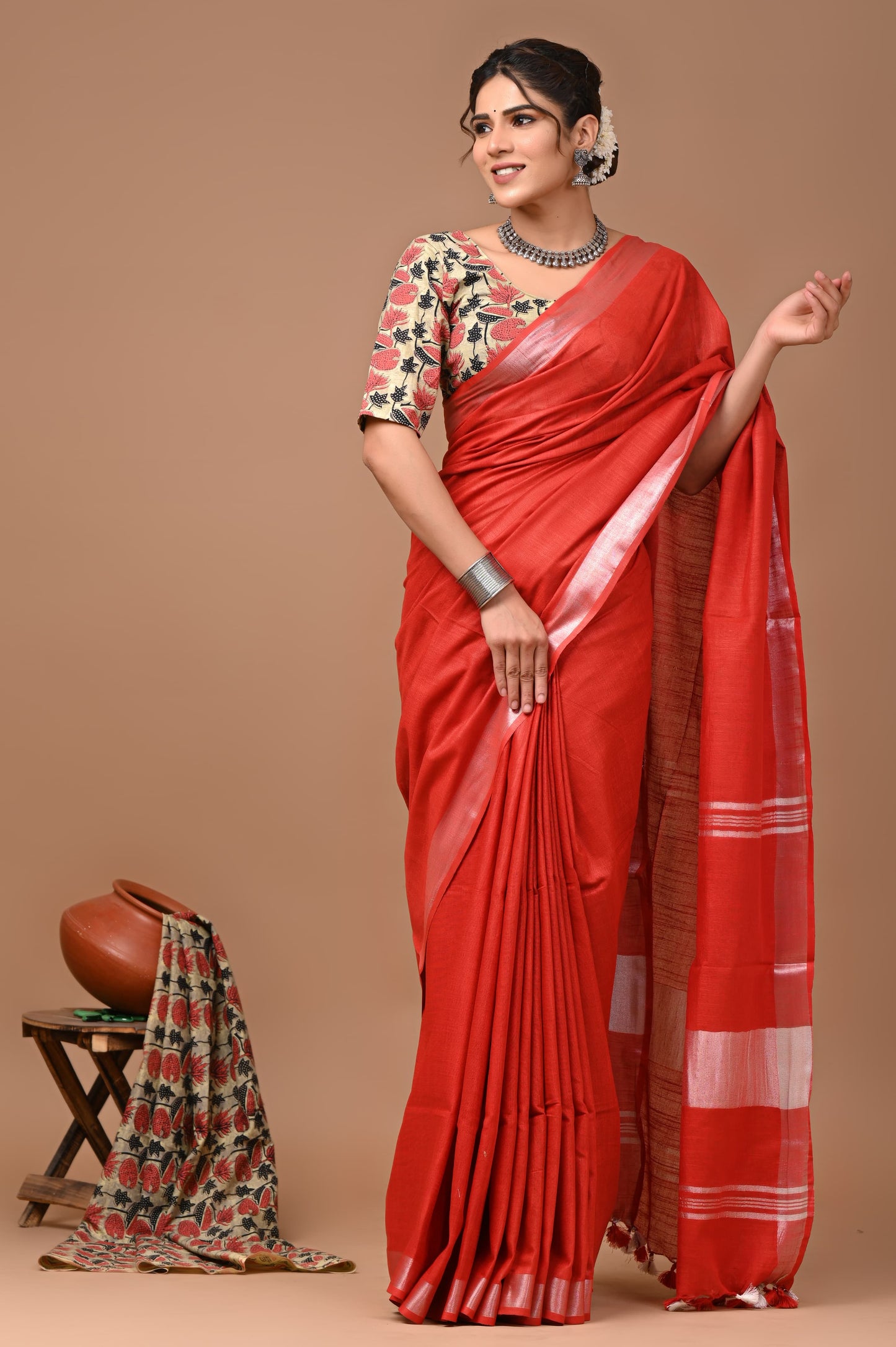 Carmine Red Linen Saree With Extra Ajrakh Printed Blouse