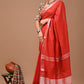 Carmine Red Linen Saree With Extra Ajrakh Printed Blouse