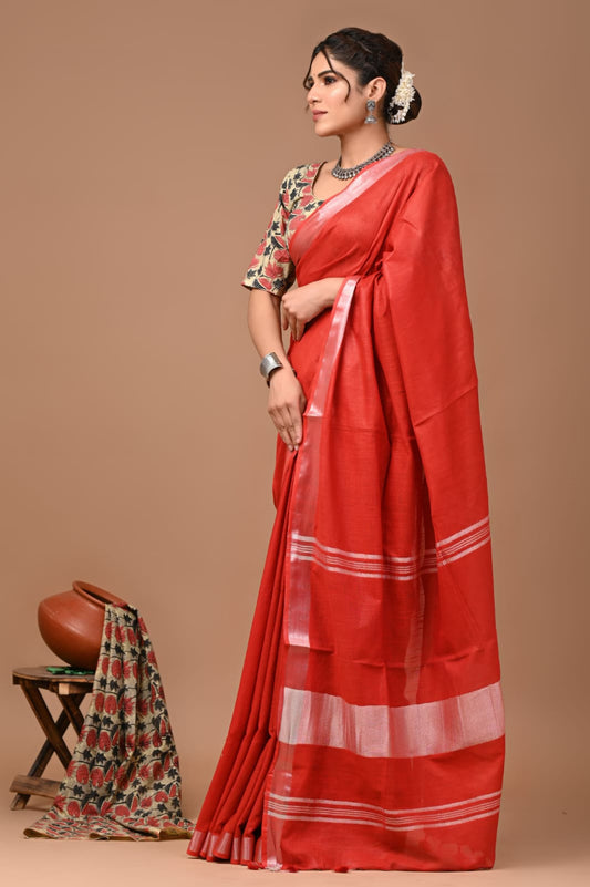 Carmine Red Linen Saree With Extra Ajrakh Printed Blouse