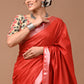 Carmine Red Linen Saree With Extra Ajrakh Printed Blouse