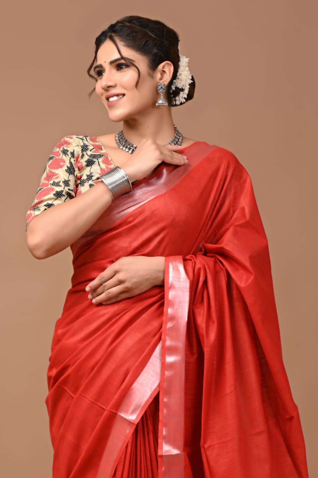 Carmine Red Linen Saree With Extra Ajrakh Printed Blouse