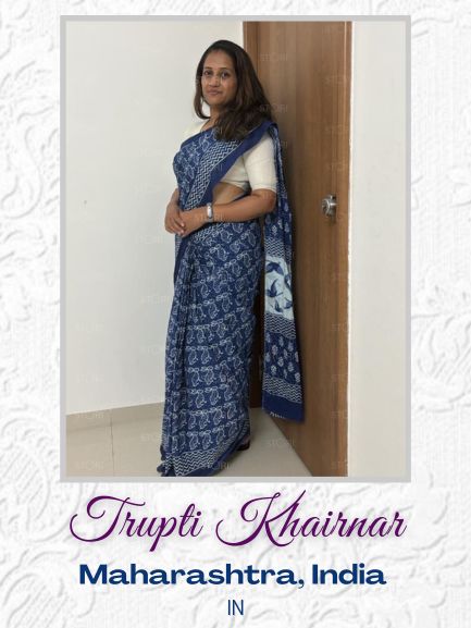 Indigo Blue Bunny Printed Handloom Cotton Mulmul Saree