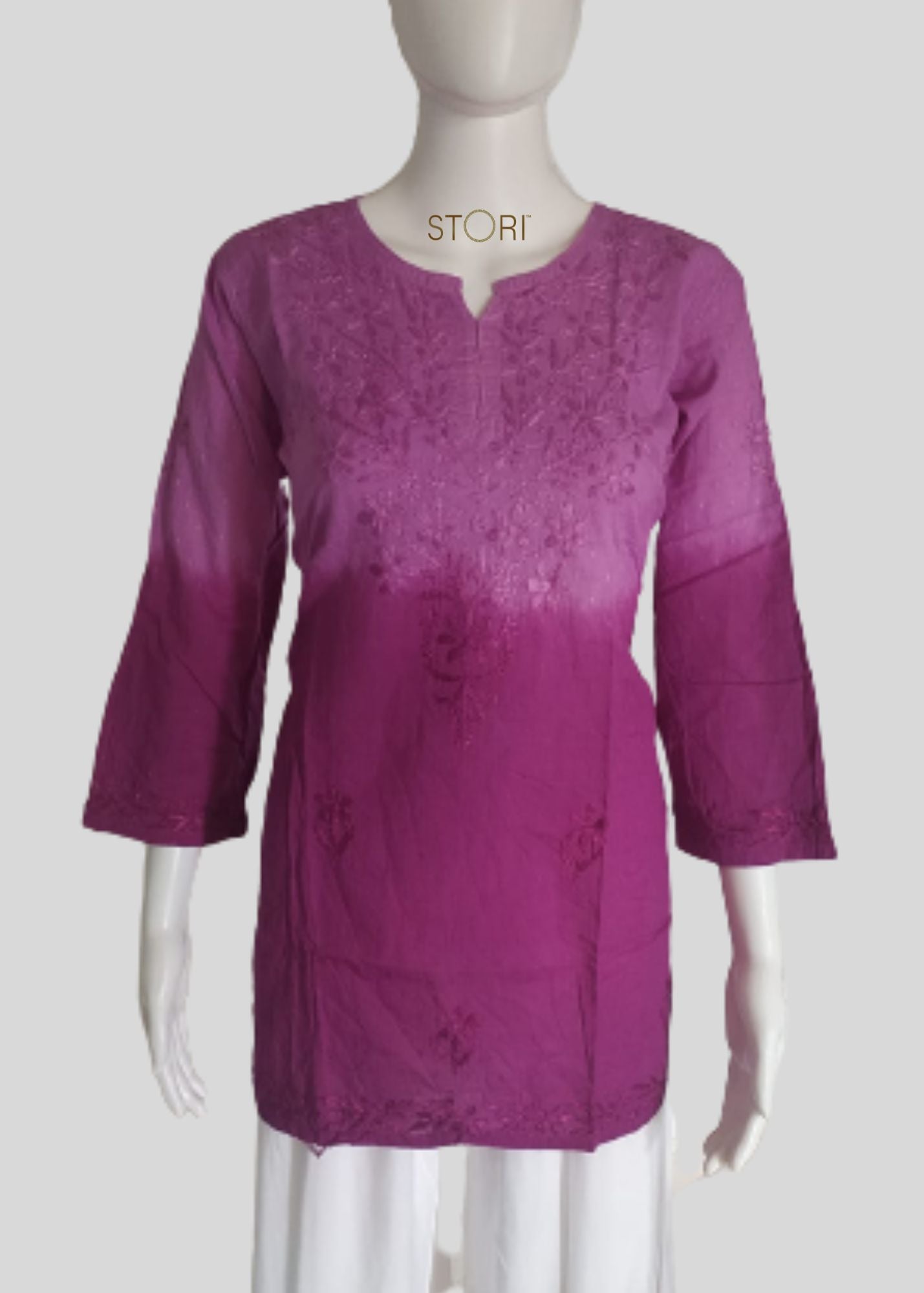 Rihaana Purple Dobby Cotton Ombre Shaded Short Chikankari Kurti