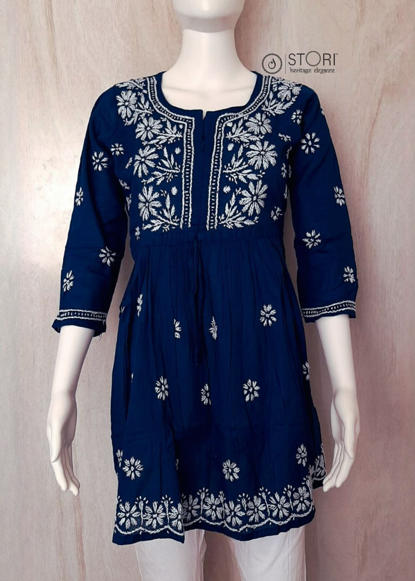 Teal Blue Short Cotton Chikankari Kurti with Dori