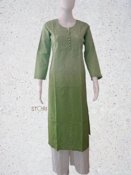 Pista Green Ombre Shaded Soft Dobby Cotton Chikankari Kurti