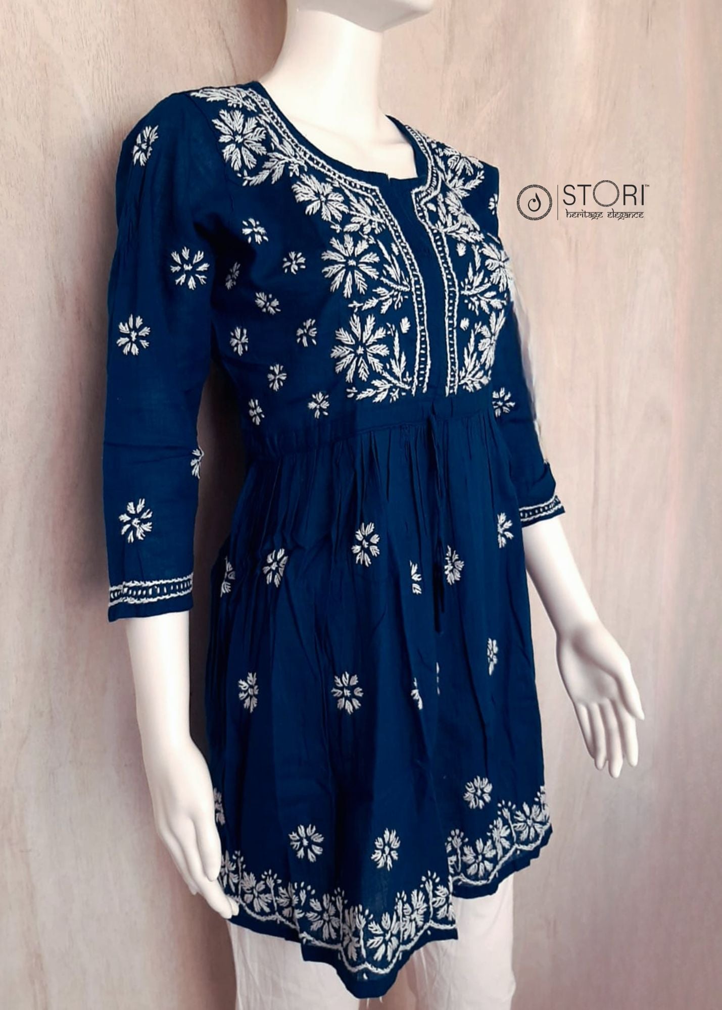 Teal Blue Short Cotton Chikankari Kurti with Dori