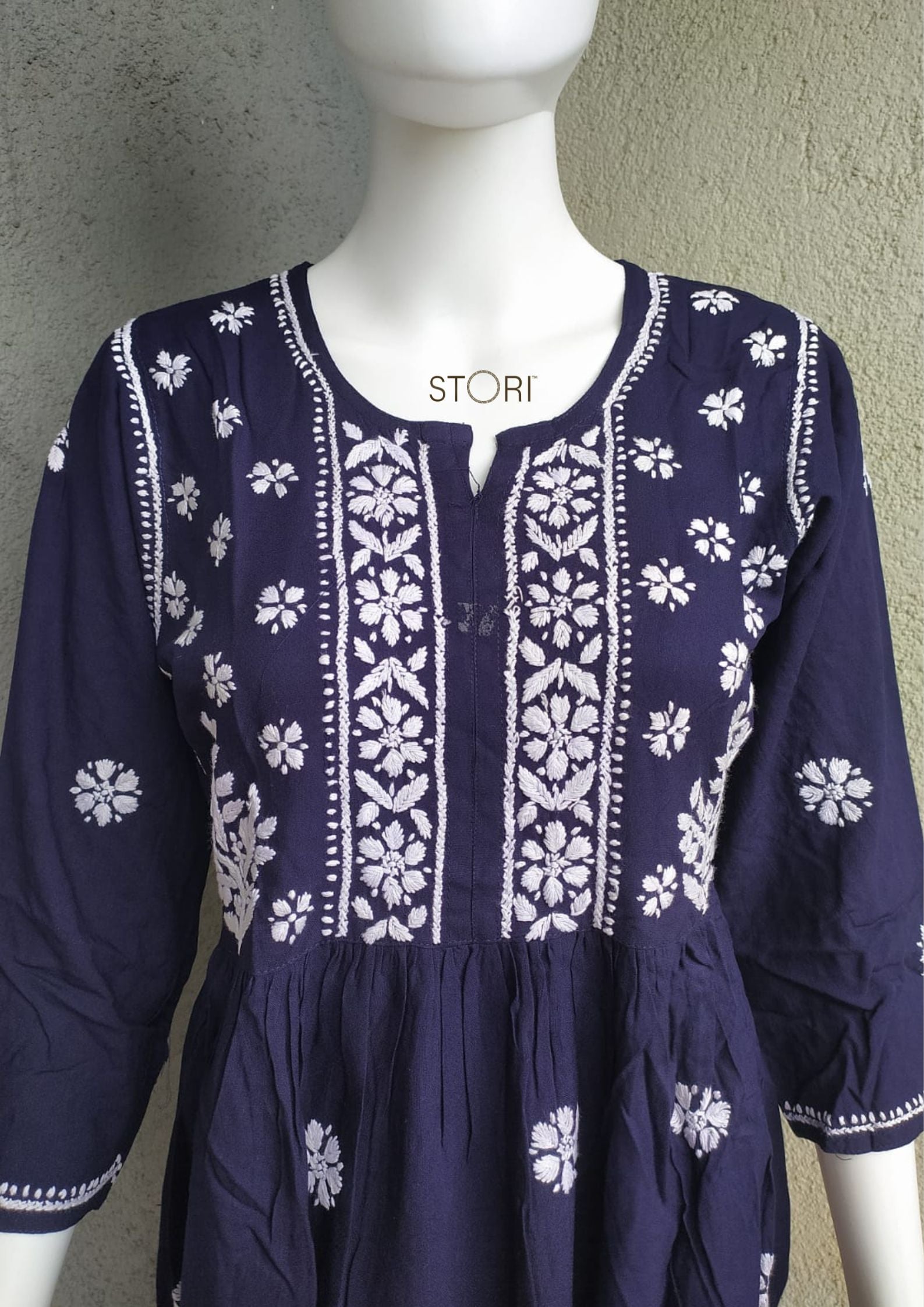 Navy Blue Flared Rayon Short Chikankari Gown Kurti