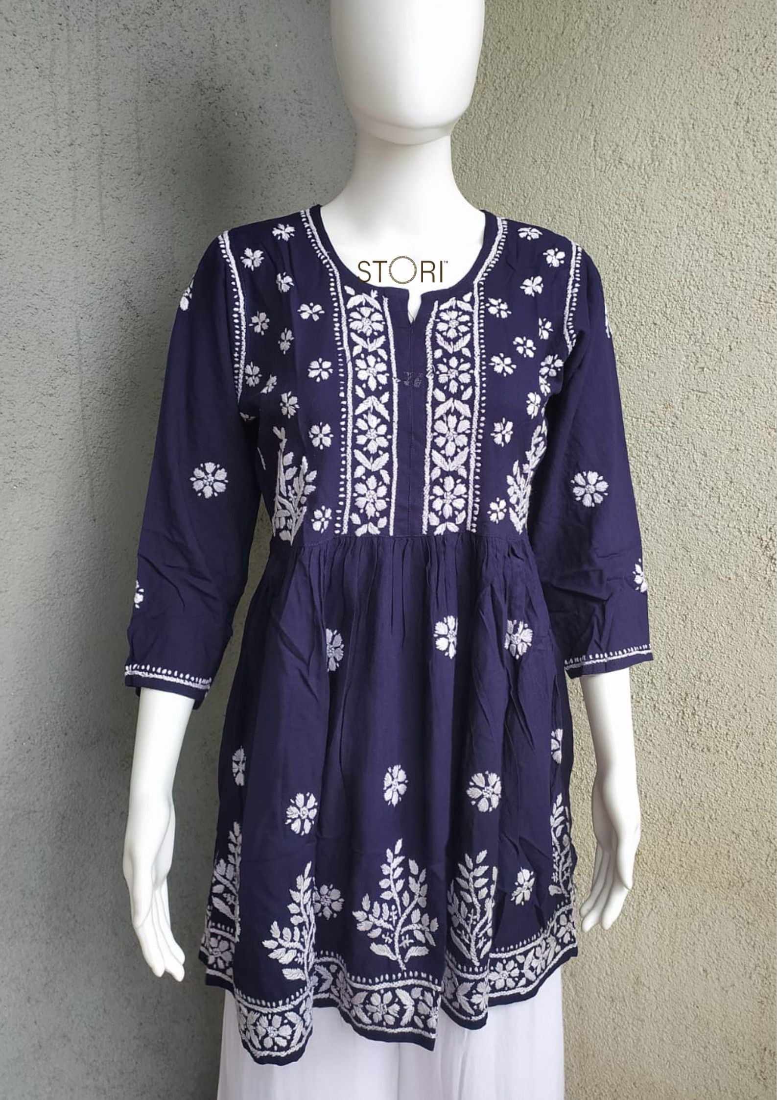 Navy Blue Flared Rayon Short Chikankari Gown Kurti