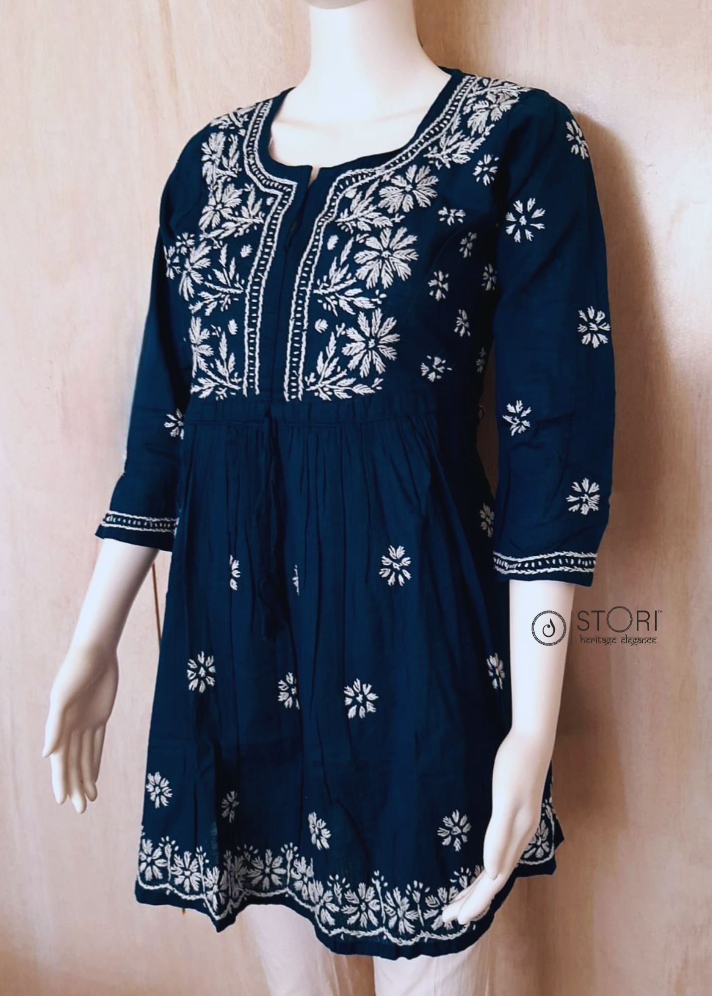 Teal Blue Short Cotton Chikankari Kurti with Dori