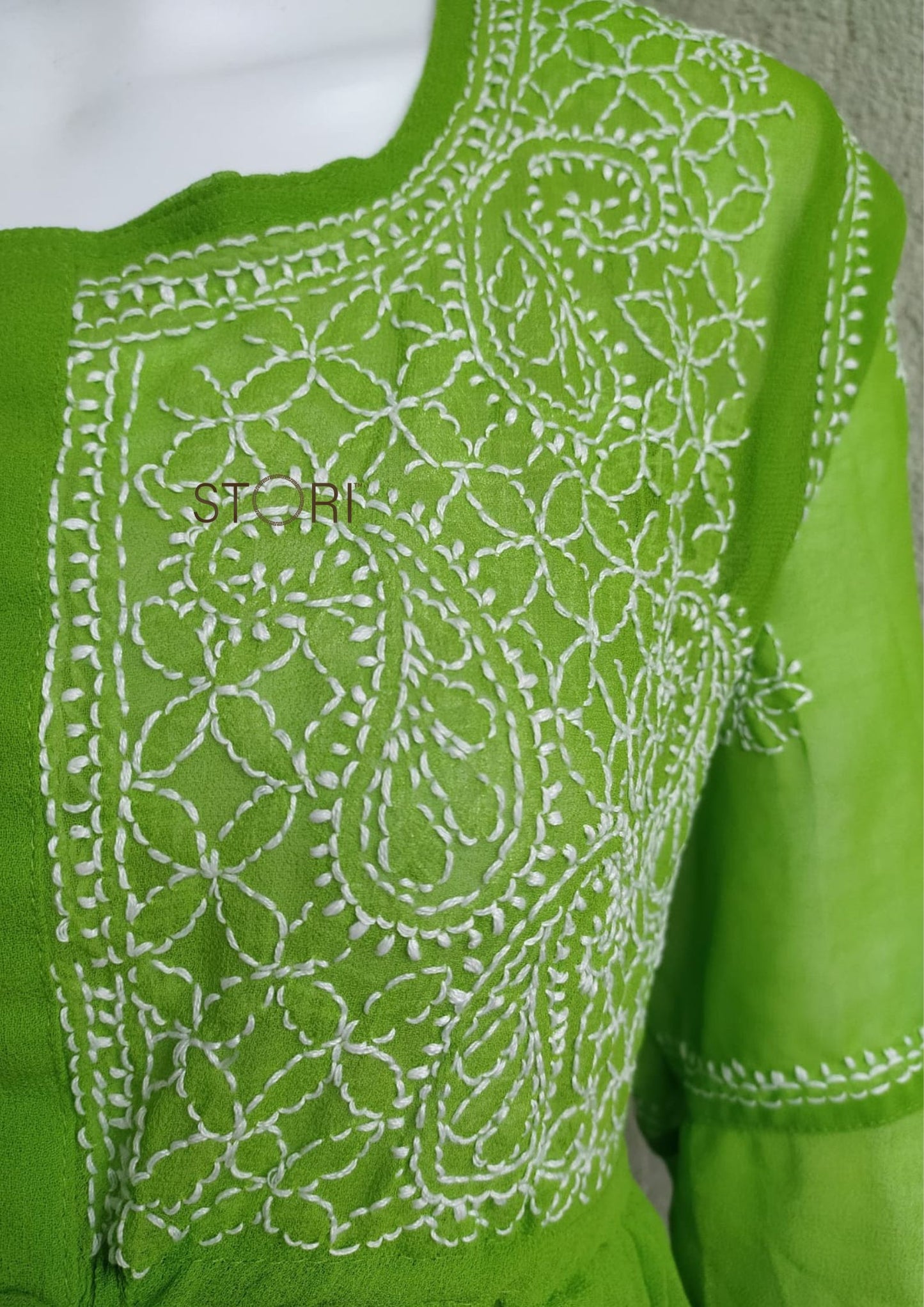 Parrot Green Short Georgette Chikankari Kurti With Bell Sleeves