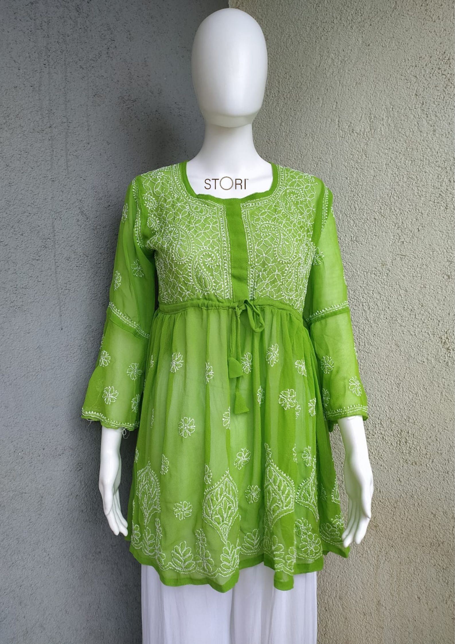 Parrot Green Short Georgette Chikankari Kurti With Bell Sleeves