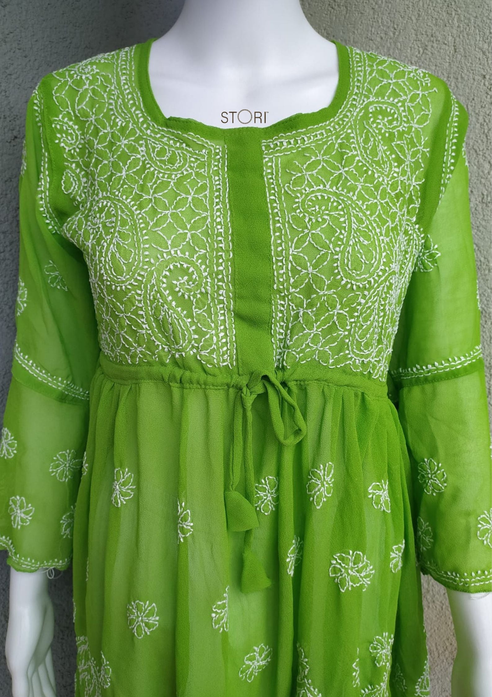 Parrot Green Short Georgette Chikankari Kurti With Bell Sleeves