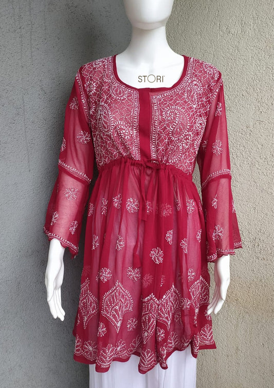 Maroon Short Georgette Chikankari Kurti With Bell Sleeves