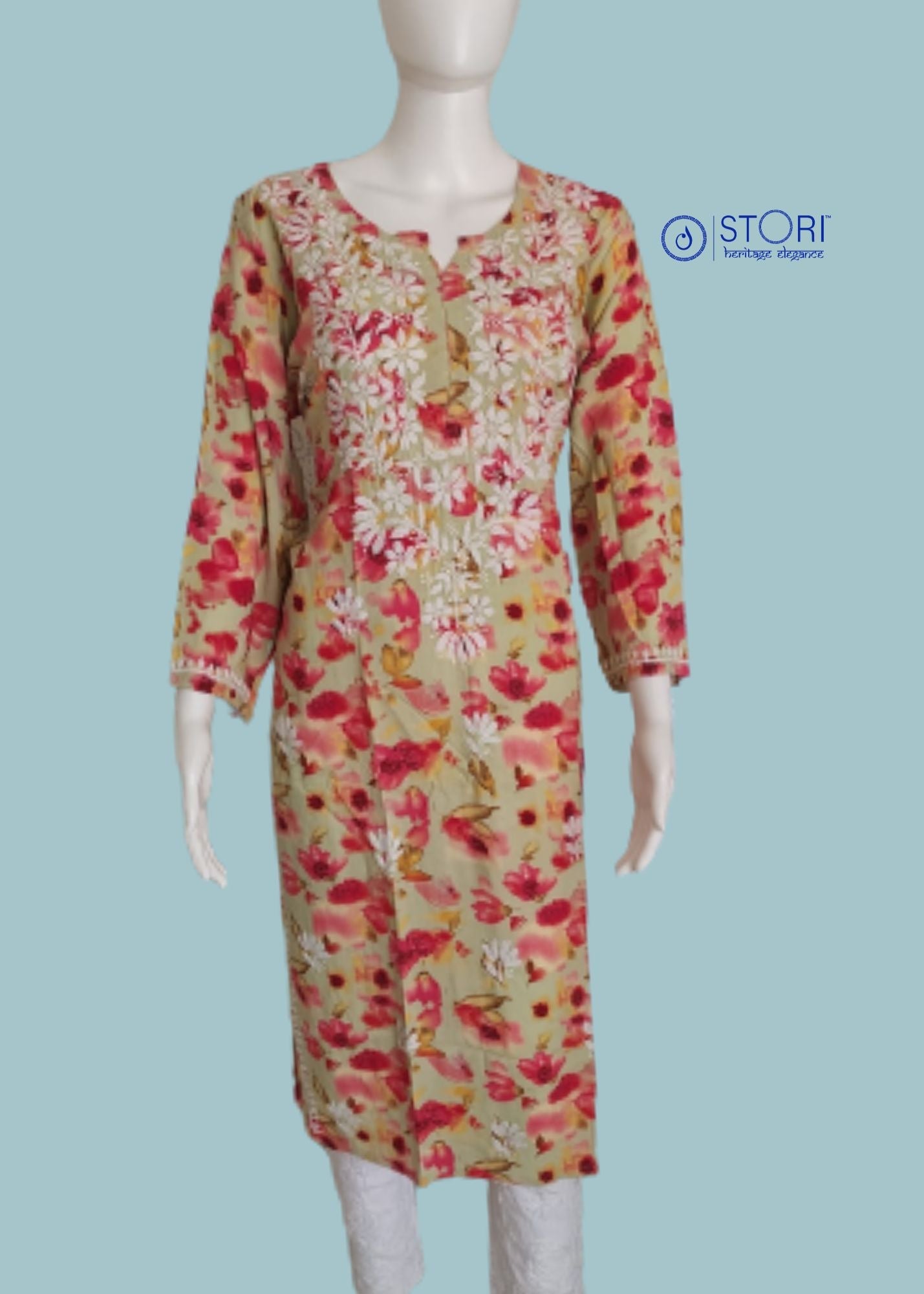 Light Pista Green Floral Printed Soft Rayon Chikankari Kurti