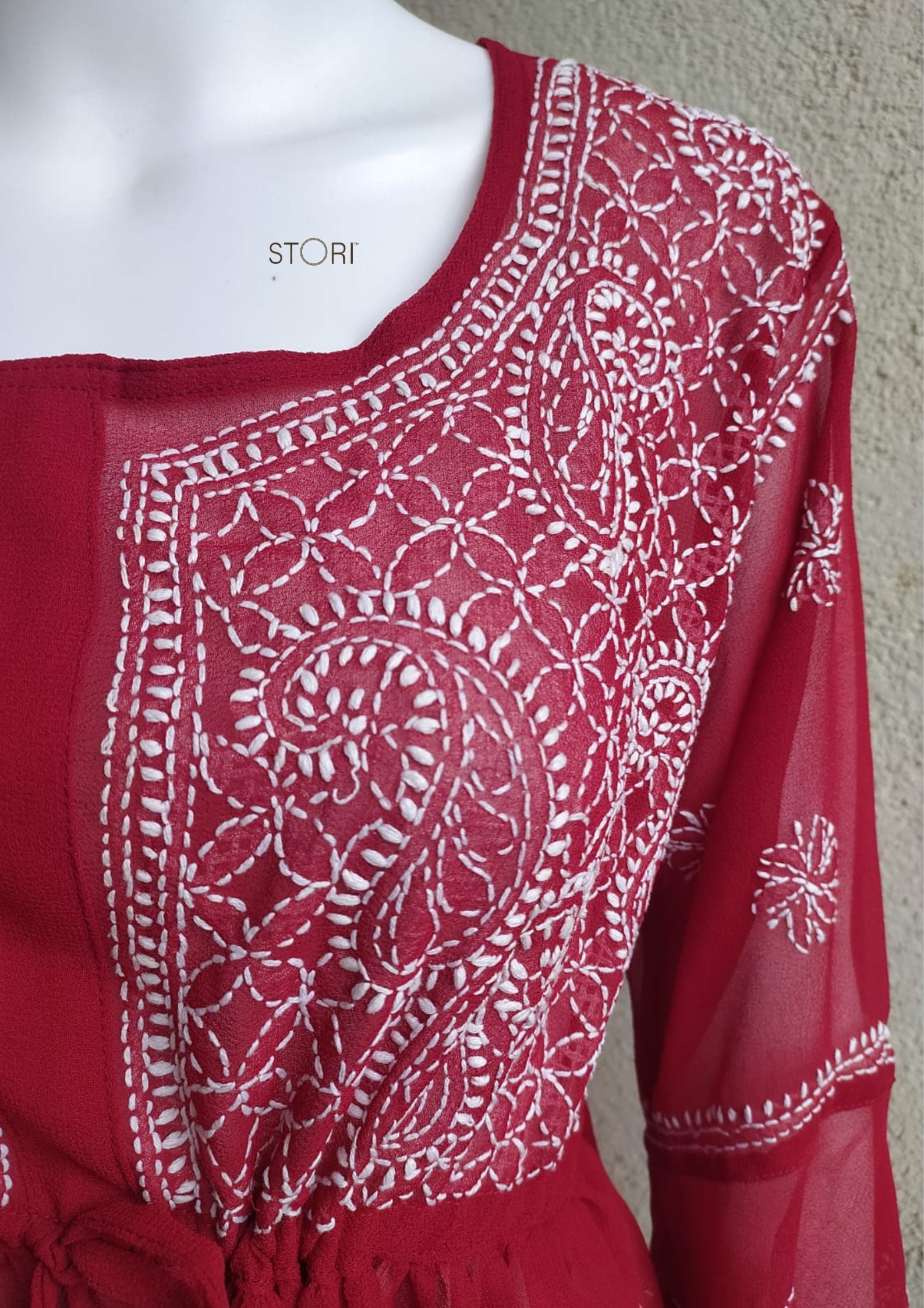 Maroon Short Georgette Chikankari Kurti With Bell Sleeves